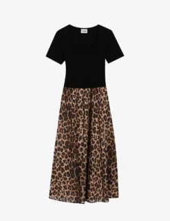 CLAUDIE PIERLOT Tulipe Bi-material Leopard-print Cotton Midi Dress