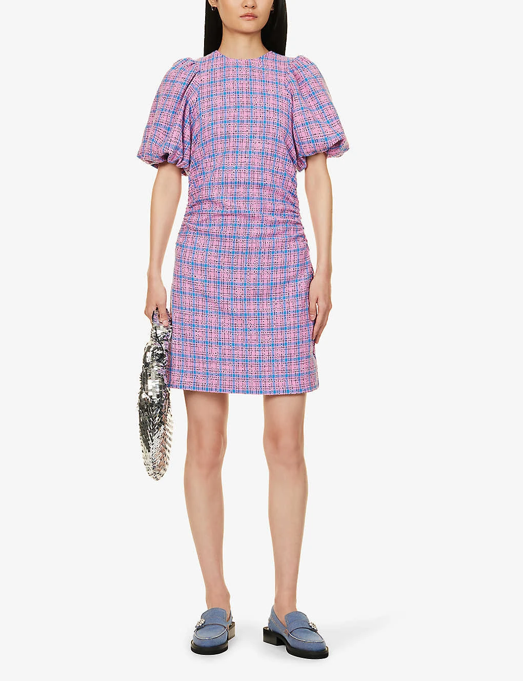 Ganni Check-print Puff-sleeves Organic Cotton-blend Mini Dress - Image 2