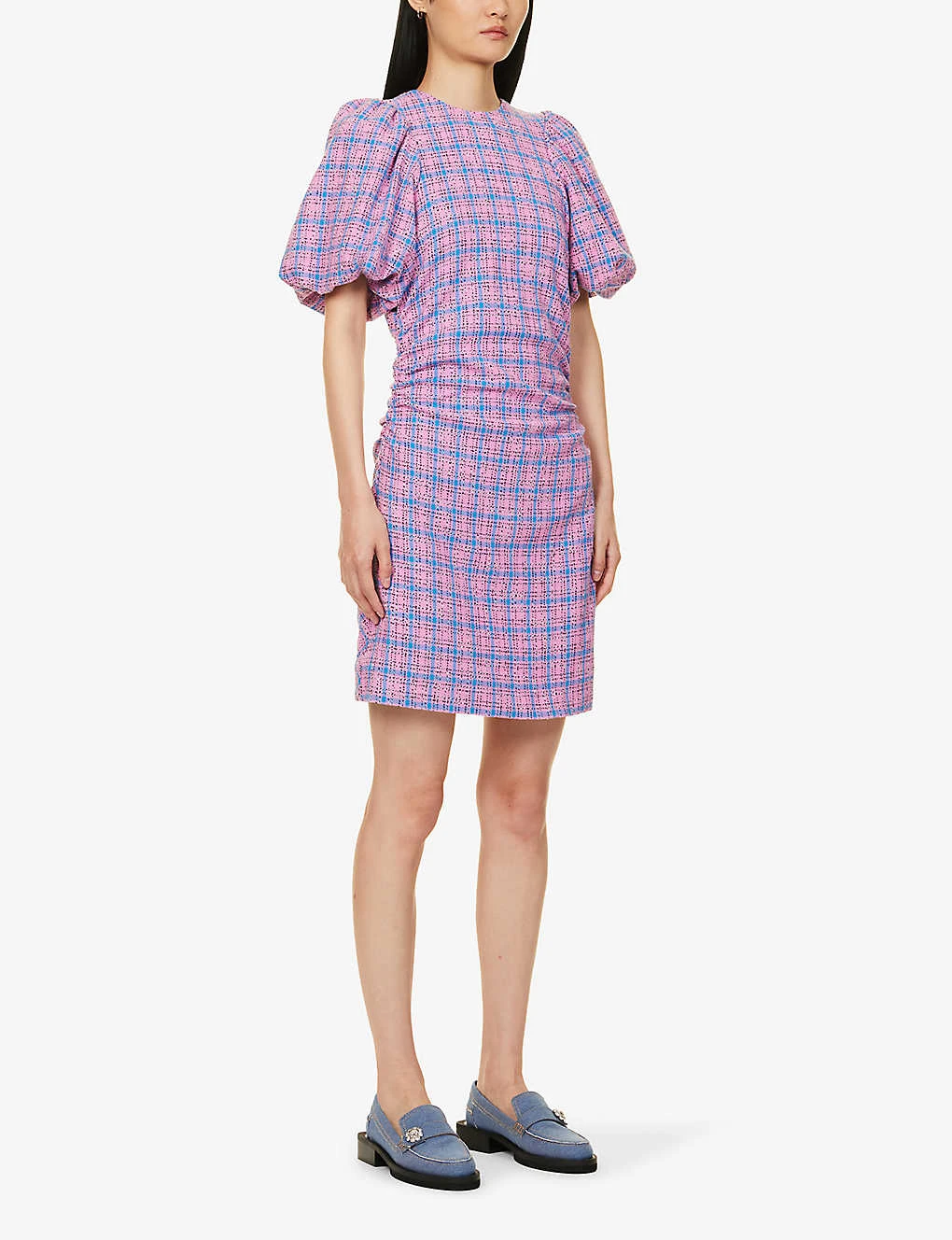 Ganni Check-print Puff-sleeves Organic Cotton-blend Mini Dress - Image 3