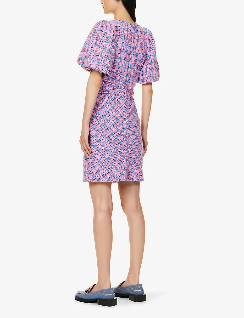 Ganni Check-print Puff-sleeves Organic Cotton-blend Mini Dress - Image 4