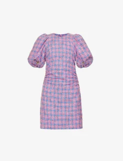 Ganni Check-print Puff-sleeves Organic Cotton-blend Mini Dress