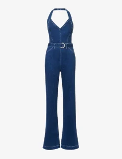 Paige Leenah Halterneck Flared-leg Stretch-denim Jumpsuit