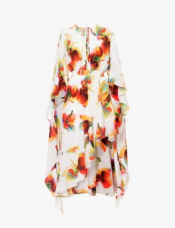 Alexander McQueen Asymmetric-hem Ruffle-trim Silk Midi Dress