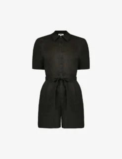 Tie-waist Short-sleeved Linen Playsuit