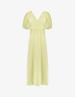 Gingham-print V-neck Stretch-woven Midi Dress