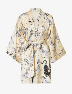 Mimi Graphic-pattern Shawl-neck Silk Robe
