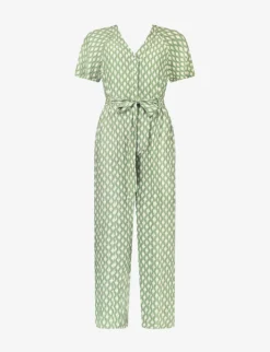 Diamond-print Belted Woven Jumpsuit