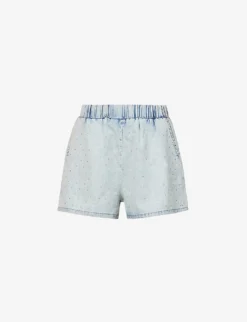 GOOD AMERICAN The Weekender Rhinestone-embellished Faded-wash Mid-rise Denim Shorts