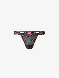 Neon Floral-embroidered Stretch-mesh Thong