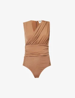 HERVE LEGER Ruched V-neck Stretch-woven Bodysuit