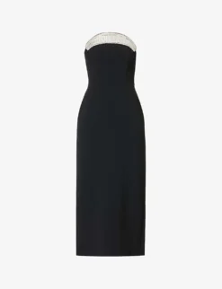 Embellished-neckline Slim-fit Stretch-woven Midi Dress